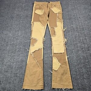 PHEELINGS Jeans Mens 32x34 Brown Flared Slim Distressed Fringe Stretch Patchwork